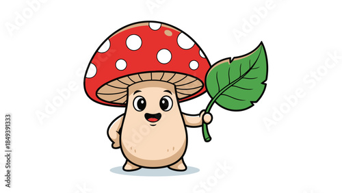 Cartoon Amanita mushroom character happily holding a large green leaf