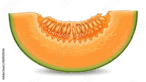 Cantaloupe melon slice with visible seeds and rind isolated on white