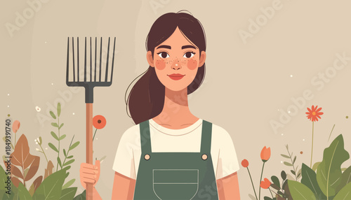 Smiling woman in green overalls holding a garden fork, surrounded by vibrant plants and flowers in a serene outdoor setting.