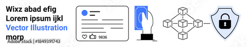Digital security, identity verification, blockchain technology, secure transactions, data privacy, online protection. Features ID card, hand holding smartphone, blockchain nodes shield with lock