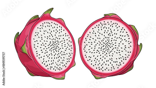 Two halves of a pink dragon fruit with white flesh and black seeds