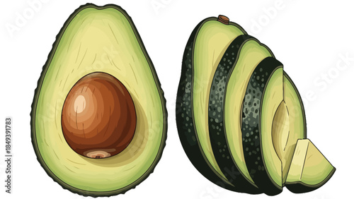 Two illustrations of avocados one halved with a pit one sliced