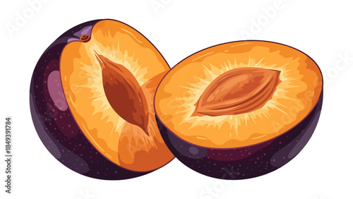 Two halves of a ripe dark purple plum showing the orange flesh and large central pit