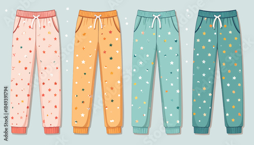 Four colorful pairs of children's jogger sweatpants with playful polka dot patterns and drawstrings.