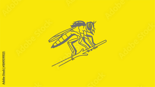 Detailed illustration of a bee perched on a branch against a vibrant yellow background.
