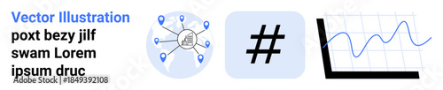 Network with location pins, bold metadata tag, and line chart on a grid. Ideal for technology, analytics, social trends, connectivity, geolocation, data visualization simple landing page
