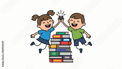 Happy boy and girl high-fiving by books, celebrating learning success. Academic achievement, childhood education, literacy, and friendship