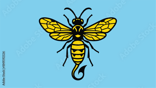 Detailed illustration of a yellow and black wasp on a light blue background.