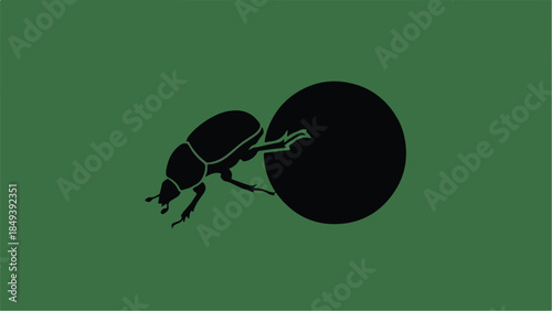 Dung beetle pushing a large ball on a green background.