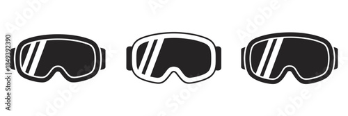 Skiing Glasses Icon Set, featuring winter sport eyewear, protective snow goggles, and cold-weather gear in clean minimal vector style for outdoor adventure and activities