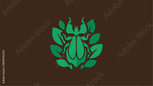 Green beetle surrounded by leaves on a brown background.