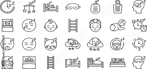 Sleep and bedtime relaxation line icons set featuring alarm clocks, dreaming symbols, resting pets, and night routine elements.