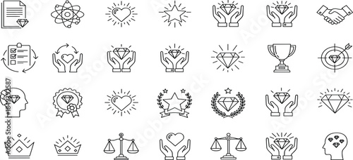 Business core values and quality excellence line icons set including diamonds, hands, trophies, stars, and integrity symbols.
