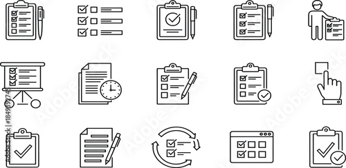 Collection of linear icons for business law, corporate governance, legal justice, financial regulation, compliance checklists, real estate, and professional management systems.