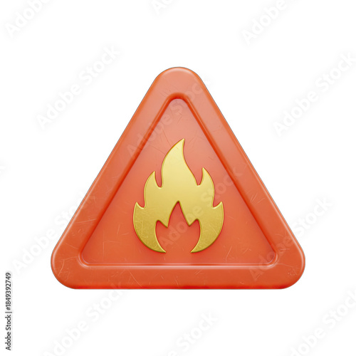 Orange Triangle Warning Sign With Golden Fire Icon On Transparent Background 3D Render With Soft Plastic Material