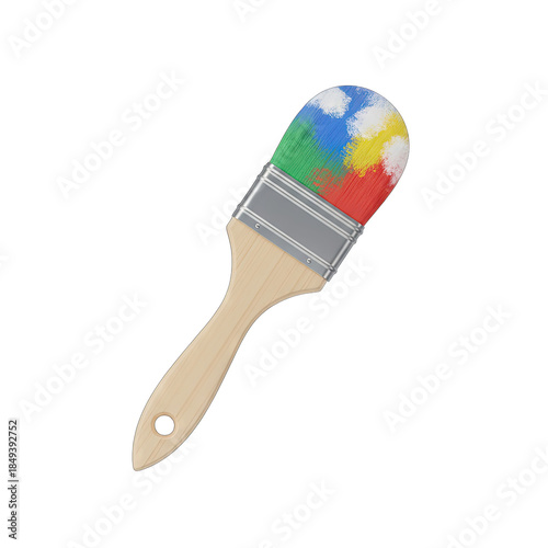 Paintbrush With Vibrant Colors Of Red Blue Yellow And Green Paint Splatters On Bristles Isolated On Black Background