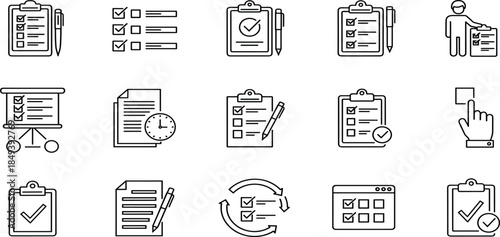 Collection of linear checklist icons for digital task management, survey completion, project planning, goal setting, quality assurance, and online to-do list applications.