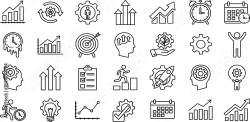 Digital marketing, public relations, advertising, social media communication, promotional announcement, business outreach, and loudspeaker outline vector icon set