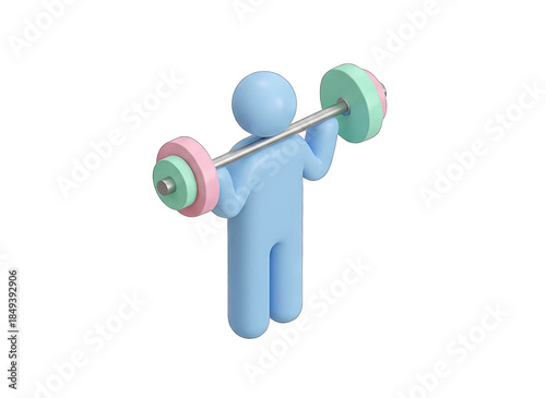 Pale Blue Stylized Figure Lifting Weight Bar with Pastel Pink and Green Discs Transparent Background Soft Plastic Material Gentle Glossy Highlights Subtle Ambient Occlusion