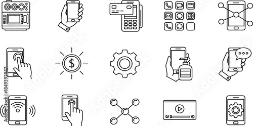 Line Icons Set of Mobile Technology, Digital Business Services, Smartphone Connectivity, App Development, E-commerce, Handheld Device Interactions, Payments, Network, and Wireless Access for Web