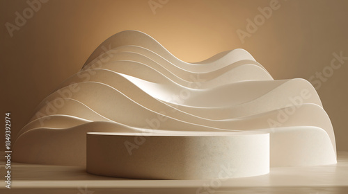 Cloud Dancer Minimalist stage podium with undulating wavy background in warm tones Colour of the Year 2026