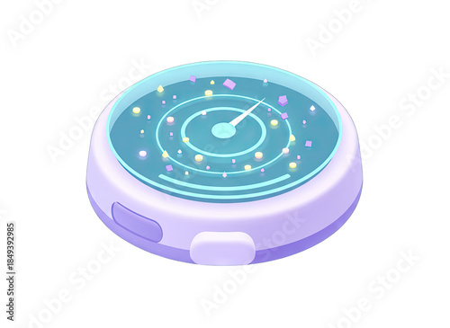 Pastel 3D icon illustration of a circular device with a light blue display showing swirling stars and a needle in a soft purple casing with gentle glossy highlights and a transparent background