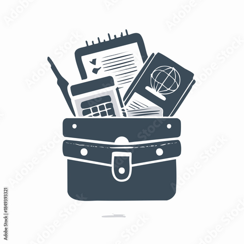 A school bag filled with educational materials including a calculator, notebook, and globe.