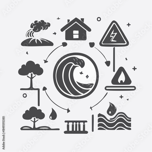 Illustration of natural disasters and environmental elements surrounding a central wave symbol