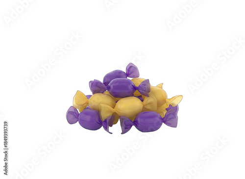Pile of Wrapped Candies in Yellow and Purple Foil with Tied Ends Isolated on Transparent Background Matte 3D Render