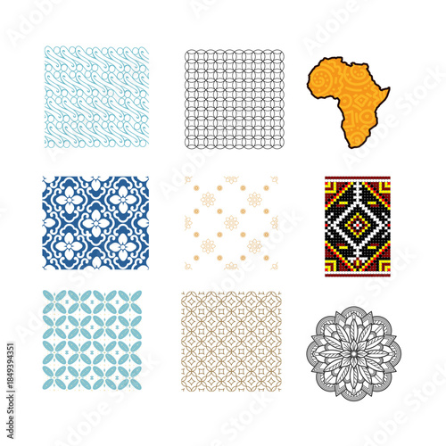Vibrant African patterns and shapes with continent map