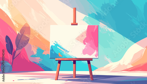 An artist's easel with a blank canvas and colorful paint strokes against a vibrant abstract background.