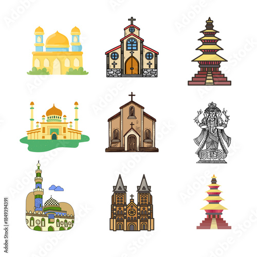 Diverse religious buildings from around the world in colorful illustration