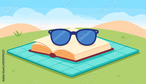 Blue sunglasses resting on an open book on a checkered mat in a grassy outdoor setting with rolling hills under a clear sky.