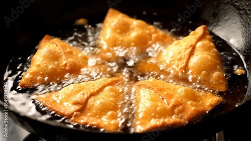 A close-up, high-angle shot captures four golden samosas deep frying vigorously in bubbling hot oil inside a dark traditional wok, creating an appetizing, crispy texture.