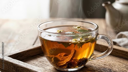 Cup of steaming herbal tea sits on a rustic wooden tray with visible dried roots and fresh herb leaves. Warm amber liquid releases gentle steam. Neutral background and teapot suggest a cozy kitchen sc