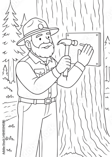 coloring book Forest Ranger Dad installing warning sign on tree using hammer, safety patrol duty