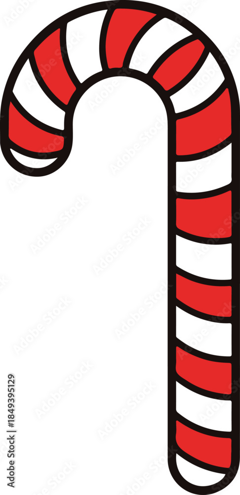 Fototapeta premium Simple vector illustration of a traditional Christmas candy cane with iconic red and white diagonal stripes, representing holiday sweets, festive celebrations, and winter treats.