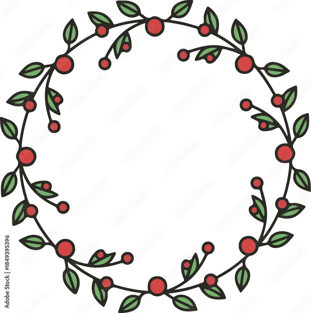 Fototapeta premium A festive circular wreath illustration featuring delicate green leaves and red berries on a thin black vine, perfect for holiday decorations, seasonal greeting cards, or nature-themed designs.