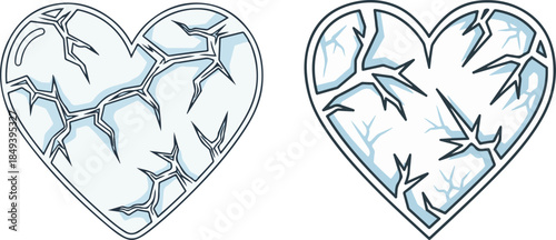A pair of light blue hearts designed to look like cracked ice. This vector illustration represents a cold heart, heartbreak, frozen emotions, or winter-themed romance.