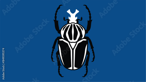 Stylized black and white beetle on a vibrant blue background.