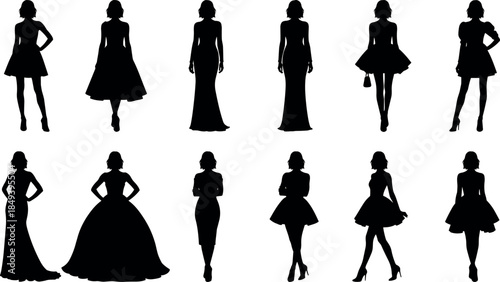 flavector fashion silhouette set – women in diverse dress styles and elegant modeling poses
