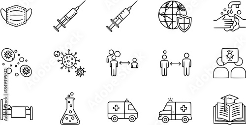 Detailed COVID-19 Pandemic Outline Icons Set: Mask, Vaccine, Virus, Social Distancing, Health Protection, Medical, Emergency, Education