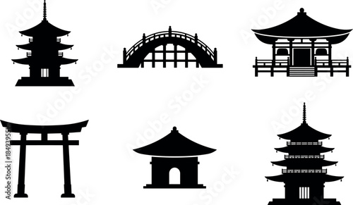 flavector Japanese architecture silhouettes – pagodas, torii gates, temples, bridges, and shrine icons