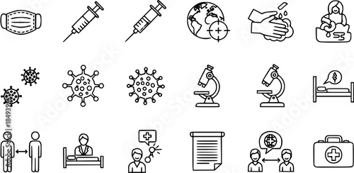 Medical icons: Face mask, syringe, virus, microscope, hospital, social distancing, doctor, first aid kit