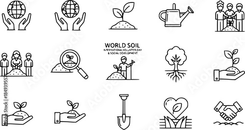 World Soil Day Icons: Hands Holding Earth, Planting, Watering, Trees, Shovel, Heart