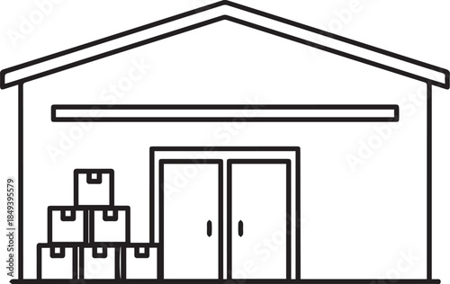 Simple black and white line art vector showing the exterior of a warehouse building with a double door and a stack of shipping boxes, representing storage and distribution logistics.