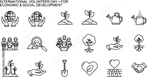 International Volunteer Day Icons: Economic  Social Development, Growth, Sustainability, Community, Care