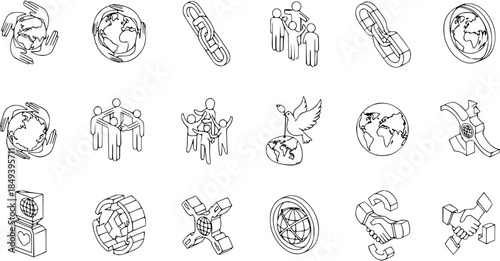 Global Unity, Peace, and Teamwork Isometric Line Icons Set - Community, Connection, and Cooperation Symbols