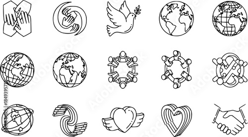 Diverse line art icon set representing peace, global unity, cooperation, love, community, and human connections