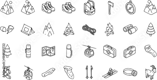 Outdoor Adventure and Camping Icon Set - Hiking, Backpacking, and Winter Sports Gear